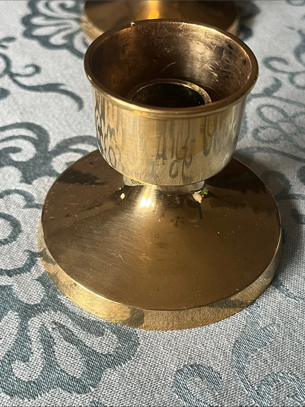 Solid Brass Candle Holders with Blue Taper Candles -Set of 2